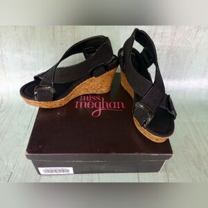 Miss Meghan Black Open Toe Cork Wedges Size 7